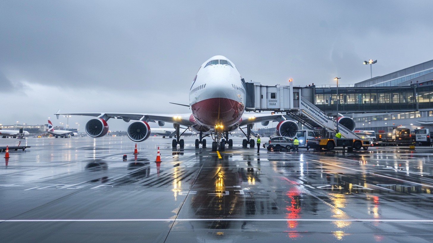 large passenger airplanes parked on the tarmac at a busy UK airport, wide-body commercial jets with British and European liveries, terminal buildings in the background, glass jet bridges connected to aircraft, airport ground crew and service vehicles in high-visibility jackets, overcast British sky with soft diffused light, wet runway reflections after light rain