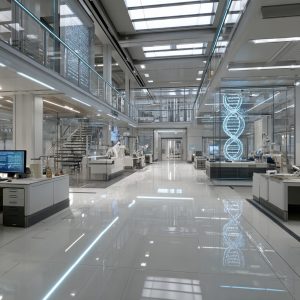 A vast, ultra-modern genetic research laboratory, hyper-realistic, photoreal detail, expansive open interior with soaring ceilings, floor-to-ceiling glass walls